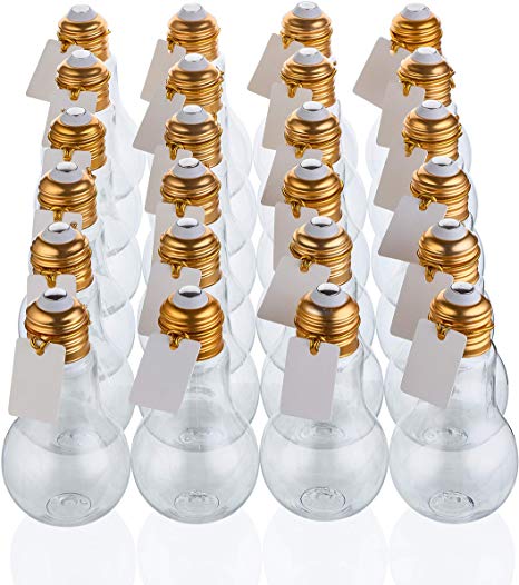 Plastic Light Bulb Jars Gold - 24pc Case - 100ml Clear - with Labels and String - Fillable with Candy, Ideal for Crafts