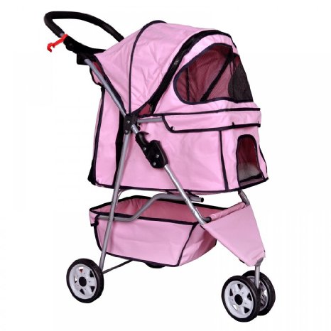 New Pink Pet Stroller Cat Dog Cage 3 Wheels Stroller Travel Folding Carrier T13