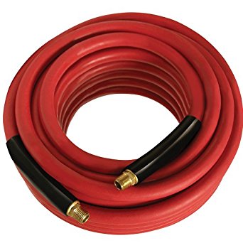 Apache 98108944 3/8" x 100' 300 PSI Red Rubber Air Hose Assembly with 1/4" Male Pipe Thread Fittings & Bend Restictors