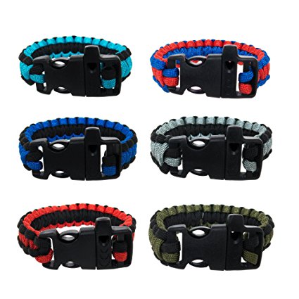Paracord Bracelet for Men Women Teens 6 Pcs with Emergency Whistle - Braid With Top Quality Parachute Survivor Cord – Summer Camp Scouts Accessories Great Party Favors – USA SELLER (Solid 2-Tone)