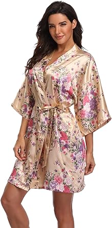 Super Shopping-zone Women's Floral Short Satin Bridesmaid Robes Silky Bride Robes Getting Ready