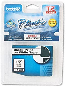 Brother TZ Standard Adhesive Laminated Labeling Tape, 1/2W, Black On White