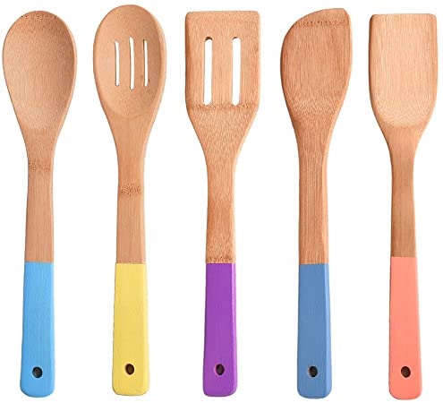 Comllen Wooden Utensil Natural Cooking Utensil 5 Piece Bamboo Spoons, Wooden Spoons and Spatulas Kitchen Tools with Multi-color Handles for Nonstick Pan Cookware Tuners Cookware