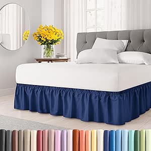 Wrap Around Dust Ruffle Bed Skirt – Navy Blue - Bed Skirt for Full Size Beds with 12 in. Drop – Easy Fit Elastic Strap - Pleated Bedskirt with Brushed Fabric - Wrinkle Free Machine Wash - CGK Linens