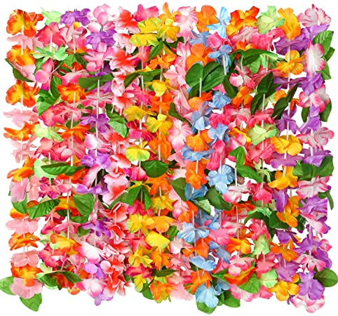 Cooraby 14 Pieces Hawaiian Leis Necklaces Colorful Hawaiian Flower Leis Necklaces for Luau Party Decorations Beach Party Supplies