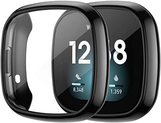 KIMILAR 2-Pack Case Compatible with Fitbit Sense/Versa 3 with Built in 9H Tempered Glass Screen Protector Ultra-Thin All-Around Full Cover Bumper for Versa 3 Smart Watch