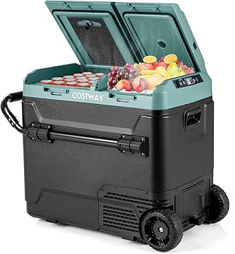 COSTWAY Car Refrigerator with Wheels, 64-Quart Dual-zone Dual-temperature Electric Cooler, 12V/24V DC, 100-240V AC, -4°F To 68°F, Reversible Lids, Portable Car Freezer for RV Camping, Green Black