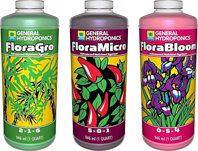 General Hydroponics Flora Grow, Bloom, Micro Combo Fertilizer, 1 quart each