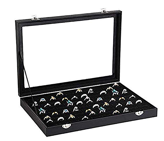 Ring Storage Display Box with Transparent Lid ~ Earring Holder Showcase ~ Jewelry Tray Organizer (Black)
