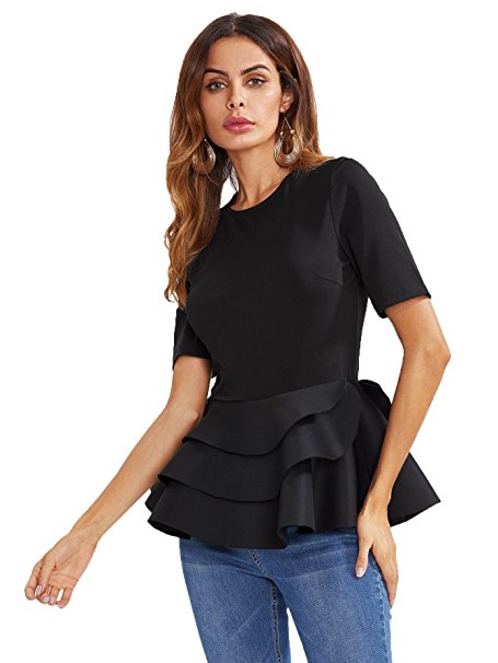 Romwe Women's Vintage Layered Ruffle Hem Slim Fit Round Neck Peplum Blouse