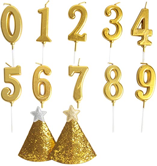 SBYURE 10 PCS Cake Numeral Candles,Gold Birthday Numeral Candles,Number 0-9 Glitter Cake Topper Decoration with 2 PCS Birthday Hat for Birthday Party Favor