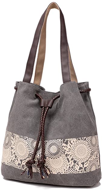 Women Printing Canvas Shoulder Bag Casual Hand Bags Purse with Leather Straps