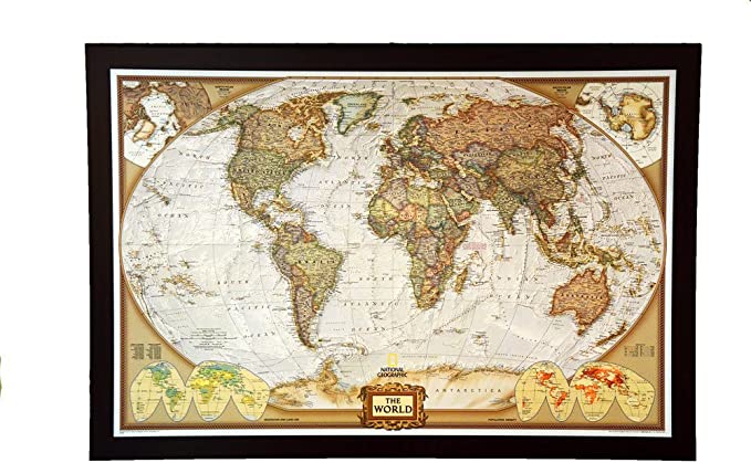 NAT GEO’s #1 SELLING push pin map of the world the Exec. World Map FRAMED 49.5 X 34" Pin board MAP with Mahogany Finish Frame is the ultimate push pin travel map for home office or class room