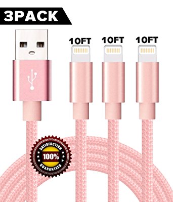 BULESK Lightning Cable 3Pack 10FT Nylon Braided Certified Lightning to USB iPhone Charger Cord for iPhone X 8 7 Plus 6S 6 SE 5S 5C 5, iPad 2 3 4 Mini Air Pro, iPod Nano 7 Pink