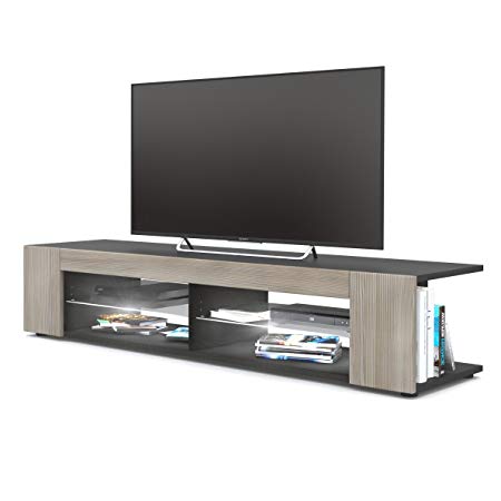 Vladon TV Unit Stand Movie, Carcass in Black matt/Front in Avola-Champagne with LED lighting in White