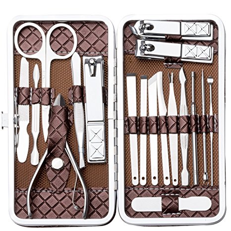 Teamkio Manicure Pedicure Set Travel Nail Clippers Kit Professional Stainless Steel Nail Cutter Care Set Scissor Tweezer Knife Ear Pick Utility Tools Grooming Kits with Leather Case 18 pcs (Brown)