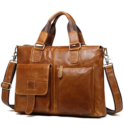 Kucspp 15.7 Inch Men's Messenger Bag Genuine Leather Laptop Briefcase Working Bag