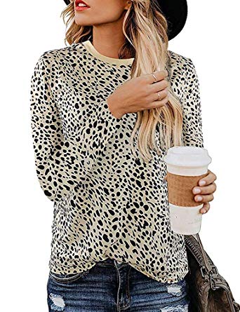 Women's Leopard Print Top Long Sleeves Crew Neck Allover Cheetah Animal Print T-Shirt
