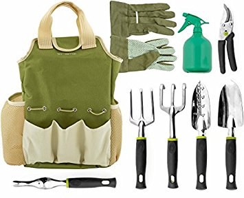 Vremi 9 Piece Garden Tool Set with Storage Tote and Work Gloves - Gardening Tools inc. Hand Weeder Rake Planter and Pruning Shears - Gardening Tool Kit also has 25 oz Sprayer Bottle