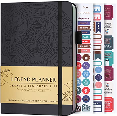 Legend Planner - Deluxe Weekly & Monthly Life Planner to Hit Your Goals & Live Happier. Organizer Notebook & Productivity Journal. A5 Hardcover, Undated - Start Any Time - Black
