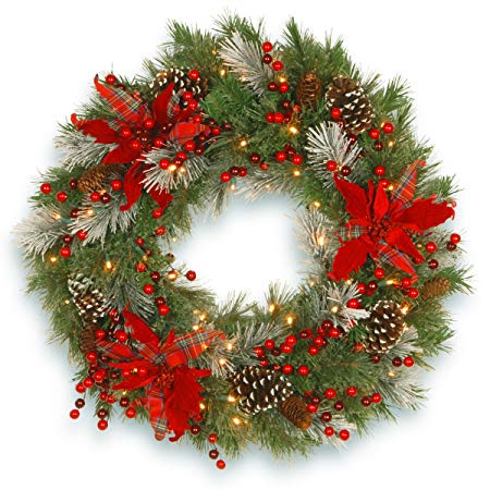 National Tree Spruce 30 Inch Decorative Collection Tartan Plaid Wreath with Red Berries and 100 Battery Operated Warm White LED Lights with Timer (DC13-147-30WB)