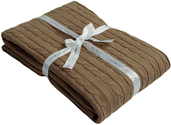 NTBAY 100% Cotton Cable Knit Throw Blanket Super Soft Warm Multi Color(51"x 67", Brown)