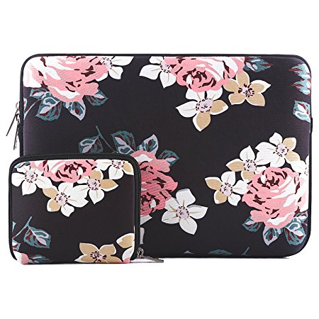 Mosiso Laptop Sleeve for 13-13.3 Inch MacBook Pro, MacBook Air, Notebook with Small Case, Water Repellent Lycra Rose Pattern Protective Carrying Bag Cover, Black