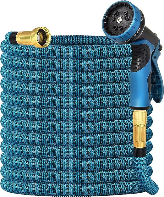 Knauue Expandable Garden Hose 100 FT, Flexible Lightweight Water Hose with 9 Way Spray Nozzle, Durable 3-Layer Latex Core,3/4 Solid Brass Fittings, Portable, and Kink Free Water Hose