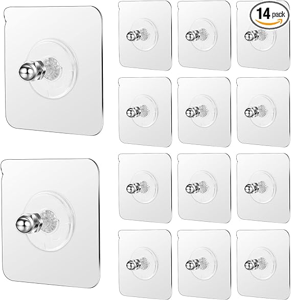 14 PCS Self-Adhesive Hooks,Waterproof Picture Hanging Hooks,Wall Picture Hanger Without Nails,Transparent PVC Nail Wall Hook,Heavy Duty Wall Hangers Without Nails for Home Kitchen Bathroom Office,18MM