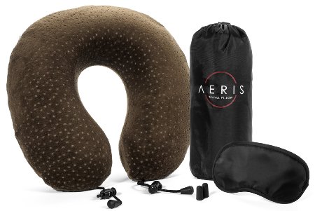 Aeris Memory Foam Travel Neck Pillow with Sleep Mask, Earplugs, Carry Bag, Adjustable Toggles and Velour Cover, Olive Green