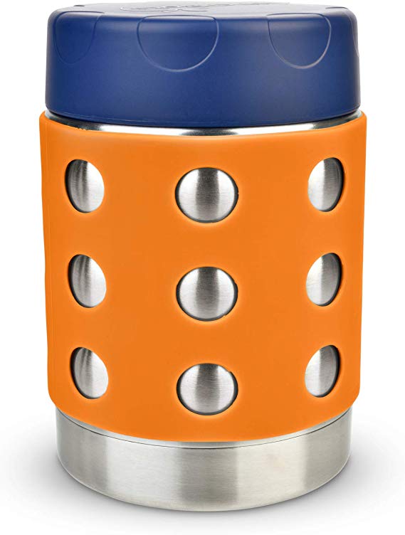LunchBots Thermal 12 oz Triple Insulated Food Container - Hot 6 Hours or Cold 12 Hours - Leak Proof Thermos Soup Jar - All Stainless Interior - Navy Lid - Orange Dots