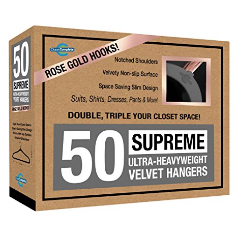 Closet Complete SUPREME Quality, ULTRA-Heavyweight, 85 gram, Virtually-UNBREAKABLE Velvet Hangers, Ultra-Thin, Space Saving, No-Slip Suit Hangers, 360° SPINNING,ROSE GOLD Hooks,Heather Gray, Set of 50