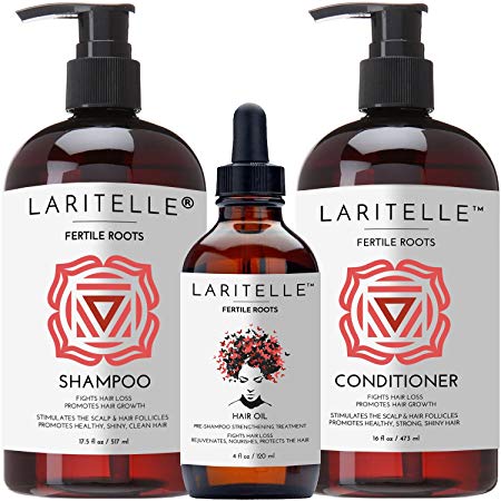 Laritelle Organic Hair Growth Set | Shampoo 17 oz   Conditioner 16 oz   Hair Loss Treatment 4 oz | Ayurvedic Herbs, Lavender, Ginger, Rosemary | NO GMO, Sulfates, Gluten, Alcohol, Parabens, Phthalates