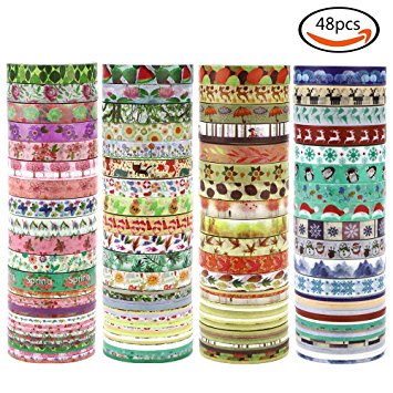 JPSOR Washi Tape Set, 5mm Wide Decorative Masking Adhesive Tape Four Season Paper Tape, Great for DIY, Craft, Gift, Scrapbook-Decorative, Multi-purpose(48 Rolls)