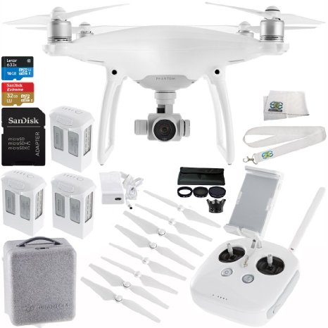DJI Phantom 4 Quadcopter Drone with Manufacturer Accessories   2 Extra DJI Intelligent Flight Batteries   SanDisk Extreme 32GB microSDHC Memory Card   6PC Filter Kit (UV-CPL-ND2-400-Hood-Case)   MORE