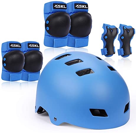 SKL Kids Bike Helmet, Protective Gear Set Knee Pads Elbow Pads for Kids 8-12, Toddler Boys Girls Skateboard Helmet with Wrist Pads for Skateboard, Cycling, Skating, Scooter, Rollerblading Longboard