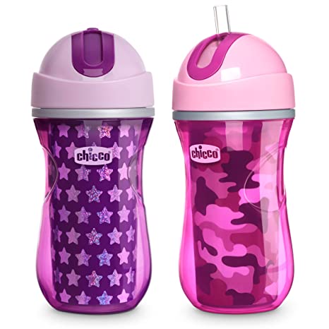 Chicco Insulated Flip-Top Straw Spill Free Baby Sippy Cup, 12 Months , Pink/Purple, 9 Ounce (Pack of 2)