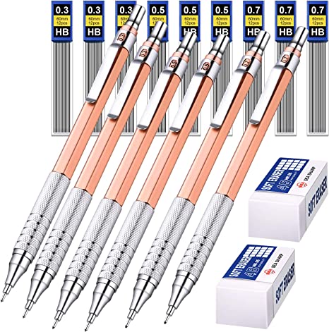 6 Pieces Metal Mechanical Pencils 0.3 mm, 0.5 mm and 0.7 mm Automatic Mechanical Pencils Writing Pencils, 9 Tubes HB Pencil Leads and 2 Pieces Erasers for Writing Draft, Drawing, Sketching (Rose Gold)