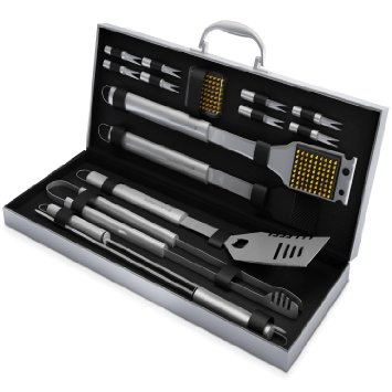 BBQ Grill Tools Set with 16 Barbecue Accessories -Perfect Christmas Gifts Idea -Stainless Steel Utensils with Aluminium Case- Men Complete Outdoor Grilling Kit for Dad
