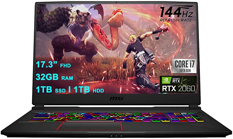 MSI GE75 Raider Gaming Laptop 17.3” FHD IPS 144Hz Display Intel Hexa-Core i7-10750H 32GB RAM 1TB SSD   1TB HDD GeForce RTX 2060 6GB Graphic Backlit Keyboard USB-C Win10Pro Black   HDMI Cable