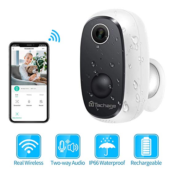 Techage Rechargeable Battery Powered Security Camera Indoor/Outdoor WiFi Camera, Wireless 1080P Home Security Camera with Two-way Audio,PIR Motion Detection,Waterproof, Support Cloud & SD Card Storage