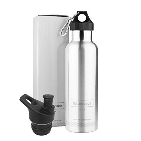 BEST STAINLESS STEEL INSULATED SPORTS WATER BOTTLE-Large Silver, Office, Gym, Running, Cycling, Hiking 750ml / 25oz- BPA FREE by Futurepace Tech - So EASY to HYDRATE ON THE GO! Perfect for Men, Women, Boys, Girls!