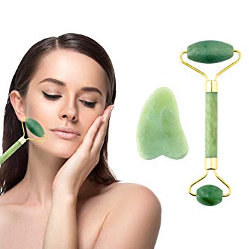 Jade Roller Gua Sha Scraper - 100% Real Natural Jade Facial Roller & Gua Sha Scraping Massage Tool Set for Anti Aging Double Neck Healing Slimming with Brochure