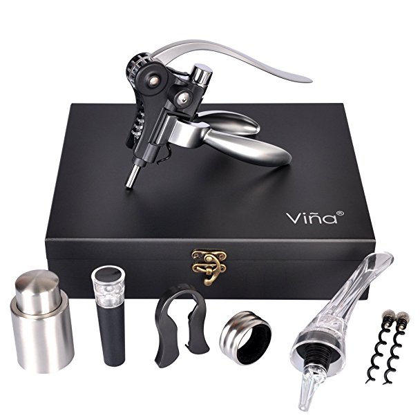 Rabbit Wine Opener Set, 8 Pieces Wine Corkscrew Kit with Wine Aerator Pourer and Vacuum Stoppers, Foil Cutter, Drip Ring & 2 Teflon Spirals In A Luxury Black Wooden Box, Best Wine Gift by Vina