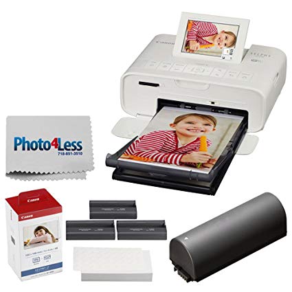Canon SELPHY CP1300 Compact Photo Printer (White)   Canon KP-108IN Ink and Paper Set   Battery   Photo4Less Cleaning Cloth - Deluxe Value Printing Bundle
