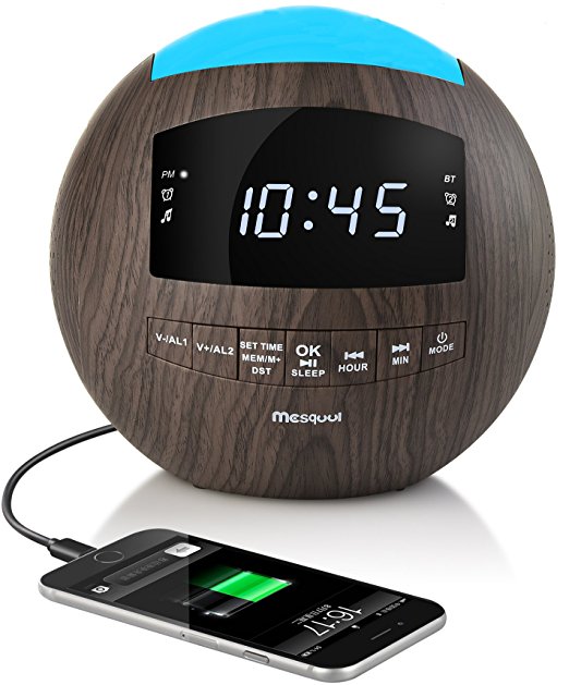 Mesqool Wooden Dimmable Alarm Clock Radio,Bluetooth Speaker,AM/FM Radio,AUX-IN,Dual USB Charging Port ,Multi-Color Night Light,Snooze,Sleep Timer