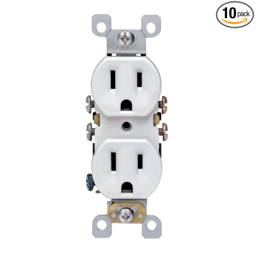 Leviton 5320-WMP 15 Amp, 125 Volt, Duplex Receptacle, Residential Grade, Self-Grounding, 10-Pack, White