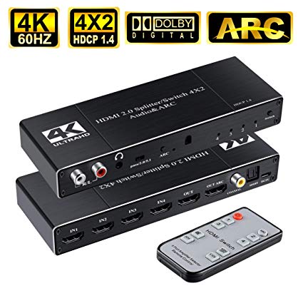 HDMI Switch 4x2 4K@60HZ, ZAMO 4 in 2 Out HDMI Switcher Splitter with Optical/Coaxial/3.5mm/R/L Audio Out, 4-Port HDMI Audio Extractor Support ARC,HDMI 2.0, HDCP 1.4 (with IR Remote)