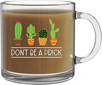 Don't Be a Prick Mug - 13oz Clear Glass Coffee Mug - Funny Plant Lover Sarcastic Humor - Perfect Swearing office Ideas for Co-Workers - By CBT Mugs