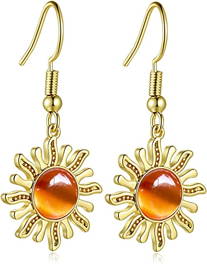 14K Gold Sun Drop Dangle Earrings for Women Unique Orange Carnelian Hippie Earrings Crystal Sun Jewelry Gifts
